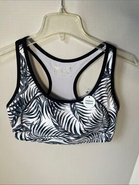 Xersion Women's Large Black & White Palm Print Sports Bra - Medium Support NWT